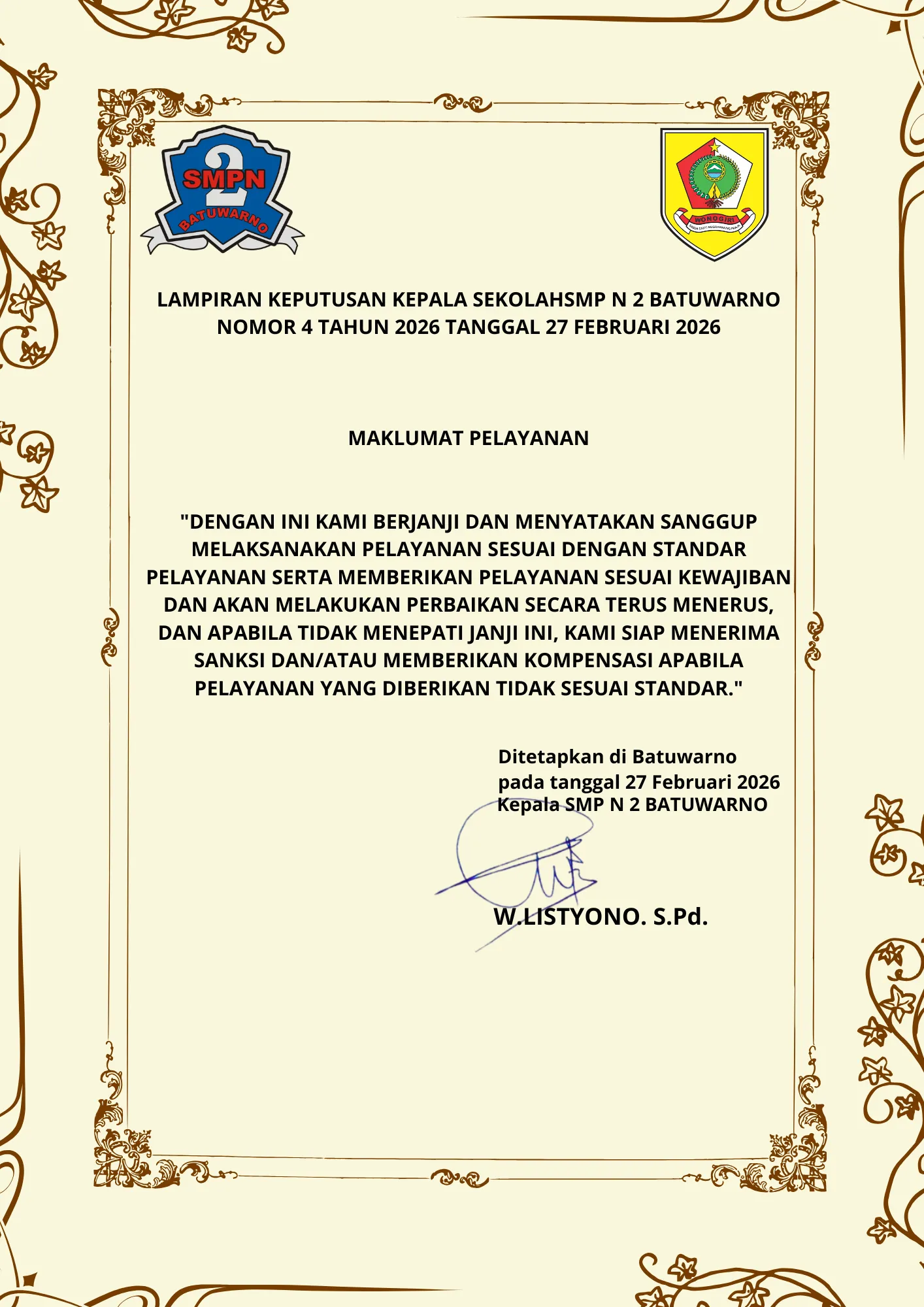 Maklumat Pelayanan SMP Negeri 2 Batuwarno